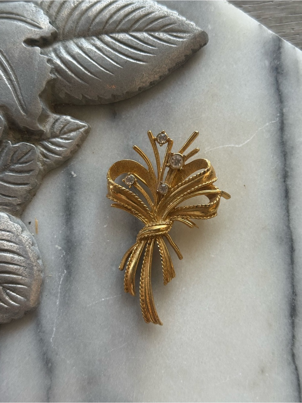 Gold Ribbon Bow Brooch with Clear Stones - Women Jewelry